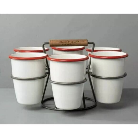 Hearth And Hand Magnolia Other - Hearth and Hand Magnolia 7 Piece 18oz Enamel Glass Mug Drink Cocktail Caddy Set